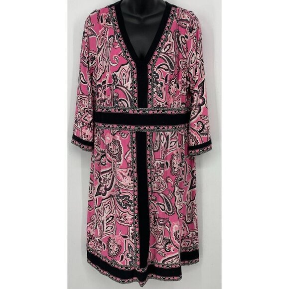 INC International Concepts Women Dress Plus 1X Pink Paisley 3/4 Sleeve V-Neck - Picture 1 of 7